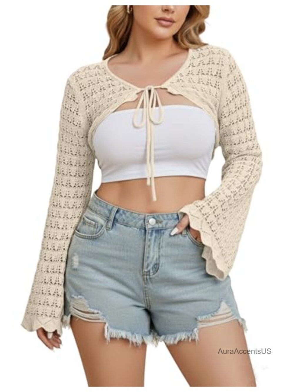 Plus Size Crochet Shrug Bolero Sweater Cardigan Long Sleeve Hollow Out Tie Front
